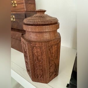 Wood Carved Octagon Shape Tea Canister Jar w Lid 6.5” Made in India Florals